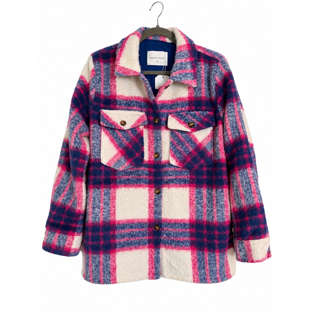 Panache Apparel Kyra Plaid Shacket Women's Medium Pink Blue Wool Blend Jacket